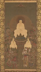 Shakyamuni-triaden med de sexton beskyddarna av den stora visdomssutran, sent 1300-tal.