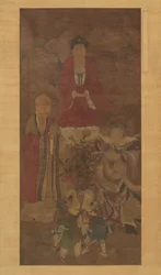 Shakyamuni med luohan, himmelsk kung och pojkar, tidigt 1600-tal.
