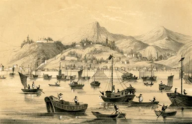 Shanghai, en av de fem hamnar som öppnades genom det sena fördraget för brittisk handel, 1847
