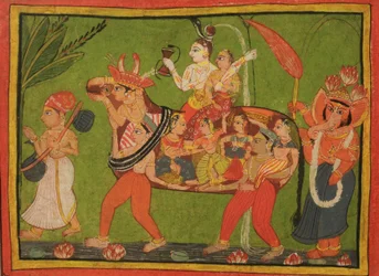Shiva och Parvati på en sammansatt ko gjord av sammansatta kvinnor