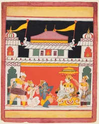 Shri Raga, från en Ragamala-serie, Tre musiker uppträder inför en adelsman, ca. 1650.