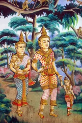 Siddhartha Gautama, hans hustru Yashodhara och hans son Rahula. Målning som skildrar Shakyamuni Buddhas livshistoria. Wat Naxai. Vientiane. Laos, 20151106, Vientiane, Laos