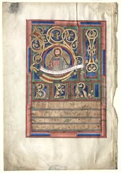 Enkelt blad utskuret ur en evangeliebok med initial L[iber generationis]: St. Matteus verso, c1190
