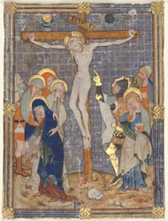 Enkel miniatyr utskuren från ett missal: Korsfästelsen, c. 1385-1390.