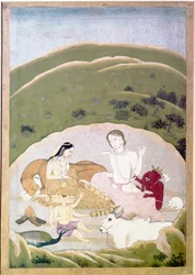 Siva och Parvati med sina barn, Ganesh och Karttikgya på berget Kailash, c1745