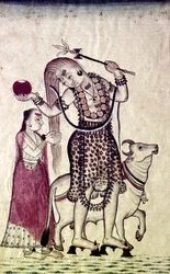 Siva, följt av sin gemål Parvati, gående med tjuren, Nandi, c1730.
