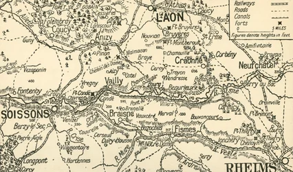 Skisskarta över dalen av Aisne ovanför Soissons, 1914, c1920.