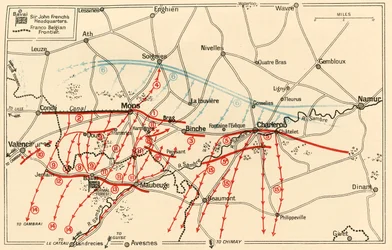 Skiss över chefsverksamheten nära Mons och Charleroi, c1914, c1920.