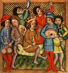 Små trummor, fiol, horn, triangelluta och säckpipa, Olomouc Bible, 1417, 1948