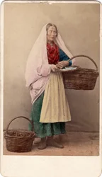 Liten metier: en köpman som håller flätade korgar, Venedig. 1800-tal Tryck på kartong Dim. 10,6x6,4 cm