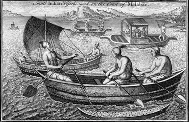 Litet fartyg som används vid kusten av Malabar Cochin, Indien, c1700-talet