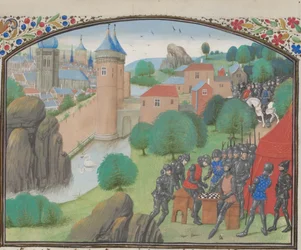Soldater som spelar tärning framför staden Caesarea. Miniatyr från Historia av William av Tyrus, 1460-talet