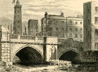 South End av Old London Bridge, med Shot Tower och St. Olaves Church, 1820, c1878.