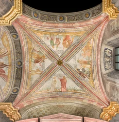 Södra tvärskeppet första östspann, Jacob skickar Josefs son till betesmarken, Brödernas tomt till birdie Joseph, Ruben föreslår att han ska kastas i brunnen, Joseph såld till köpmän, katedralen Santa Maria Assunta, Duomo, Cremona, Lombardiet, Italien (foto