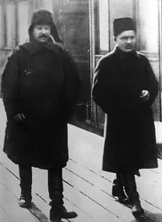 De sovjetiska ledarna Josef Stalin och Sergej Kirov, Moskva, Sovjetunionen, 1928