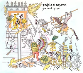 Spanska conquistadorer med sina inhemska Tlaxcalan-allierade attackerar ett aztekiskt tempel, 1500-talet