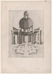 Mirror of Roman Magnificence: Interiör och grundplan av ett åttakantigt tempel, ..., 1500-talet.