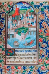 St Genevieve ber på tornen i Notre Dame, Paris, 1400-talet