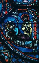St James visar sig för Karl den Store i en dröm, målat glas, Chartres Cathedral, Frankrike, c1225