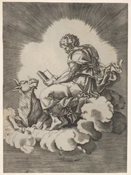 St Luke, sittande på ett moln med en öppen bok i båda händerna, en tjur som ligger på hans avgift..., efter 1518.