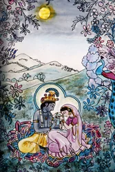 Målat glas i Iskcon-templet: Krishna och Rada, Londres, Grande-Bretagne