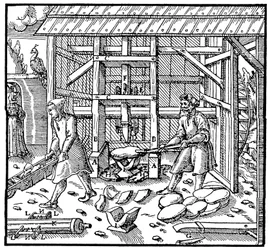 Stampverk för krossning av kopparkupellationskakor för vidare raffinering, 1556