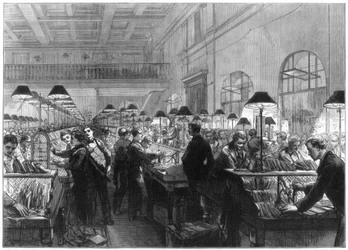 Stämplings- och sorteringskontor, General Post Office, London, 1875