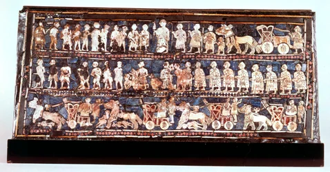 Standard of Ur, krigssidan, från den kungliga kyrkogården i Ur, Sumerian, c2500 f.Kr.