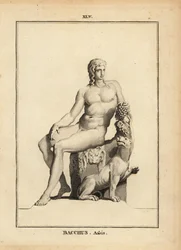 Staty av Bacchus, den romerska vinguden, sittande naken med en klase druvor och en hund