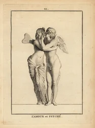Staty av den grekiska kärleksguden Eros och den dödliga prinsessan Psyche kysser
