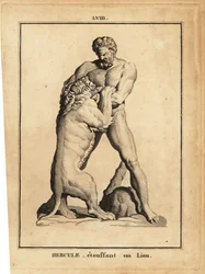 Staty av Hercules, romersk hjälte och gud, som kväver ett lejon