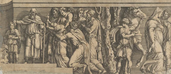 Staty av Niobe och hennes tillbedjare, med Apollo och Diana och andra figurer, 1543-47.