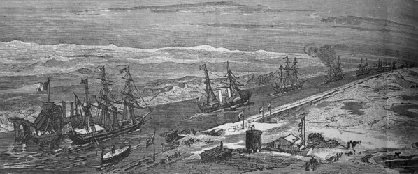 Ångfartyg passerar genom Suezkanalen, c1882
