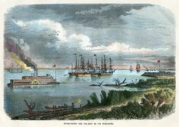 Ångpaket och bogserbåt på Mississippi, USA, c1875