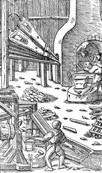 Stålproduktion: en smedja med bälg för att producera drag, 1556