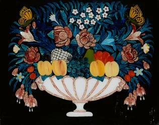 Stilleben - blommor och frukt i vit och rosa skål, 1840-60.