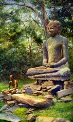 Stenbuddha, en relik från Anuradhapuras förflutna glans, Ceylon, c1924