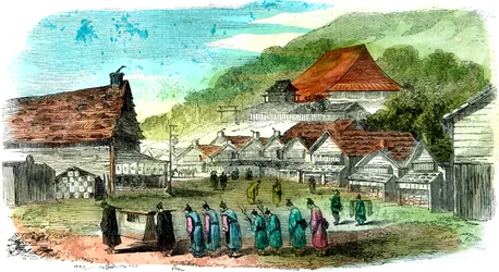Gata i Hakodate och begravningståget, Japan, 1856
