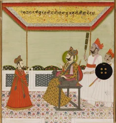 Surat Singh sitter på en lejonbeväpnad tron och tar emot sin unge son, c1800