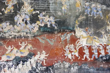 Sylver PagodaDenna väggmålning visar scener från Reamker som är den kambodjanska eller khmeriska versionen av den klassiska hinduiska dikten Ramayana, Phnom Penh, Kambodja