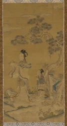 Gobeläng: en daoistisk kvinna odödlig och skötare under en tall, Mingdynastin, 1368-1644.