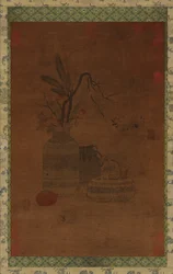 Gobeläng: en skål, två burkar, blommor och frukt, möjligen Mingdynastin, 1368-1644.