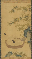 Gobeläng: duvor som badar i en skål, stenar och bambu, möjligen Ming-dynastin, 1368-1644.