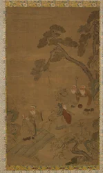 Gobeläng: fem vise i en trädgård under tallar, Mingdynastin till Qingdynastin, 1368-1911.