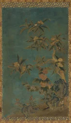 Gobeläng: fruktträd och stockrosor, Mingdynastin, 1368-1644.