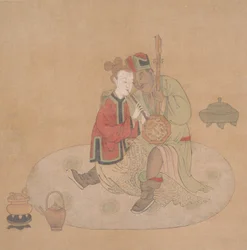 Tartarofficer med blond dam som spelar musikinstrument, 1800-talet.