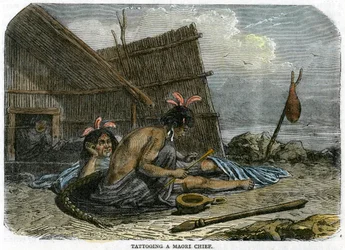 Tatuerar en maorihövding, Nya Zeeland, c1875