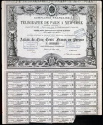Telegraphy, General Paris-New York Telegraph Share Certificate, 27 mars 1879