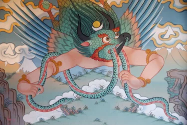 De tusen Buddhas tempel Dashang Kagyu Ling-församlingen Målning Garuda, La Boulaye, Frankrike