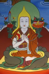 De tusen Buddhas tempel Dashang Kagyu Ling församling Målning Munk ber, La Boulaye, Frankrike